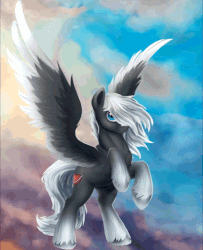 Size: 614x757 | Tagged: safe, artist:equum_amici, artist:l1nkoln, oc, oc only, oc:sacred blade, pegasus, pony, animated, cinemagraph, flapping, gif, hair over one eye, looking at you, rearing, smiling, solo, spread wings, unshorn fetlocks, wind, windswept mane