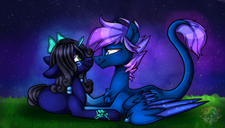 Size: 1024x585 | Tagged: safe, artist:pinipy, oc, oc only, oc:search party, female, male, night, shipping, stars, straight