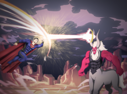 Size: 5369x3956 | Tagged: safe, artist:jeyrablue, lord tirek, g4, adventure in the comments, big damn heroes, crossover, fight, male, superman