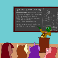 Size: 3000x3000 | Tagged: safe, artist:anontheanon, oc, oc only, oc:anon, earth pony, human, pony, unicorn, burn, chalkboard, clothes, glasses, high res, lecture, math, necktie, podium, pointing, science, shirt