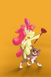 Size: 1000x1500 | Tagged: safe, artist:foxwhee, apple bloom, winona, dog, pony, g4, duo, plunger, riding