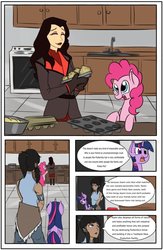 Size: 721x1108 | Tagged: safe, artist:murrlogic1, pinkie pie, twilight sparkle, alicorn, human, pony, g4, alternate universe, asami destroys equestria, asami sato, baking, comic, corrupted, crossover, cupcake, food, kitchen, korra, out of character, the legend of korra, twilight sparkle (alicorn)
