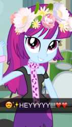 Size: 408x720 | Tagged: safe, artist:mlprocker123, screencap, mystery mint, equestria girls, g4, clothes, emoji, female, filter, flower, flower in hair, scarf, skirt, smiling, snapchat, solo