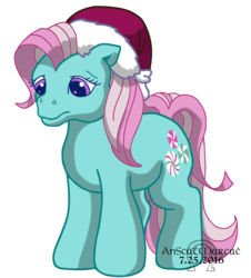 Size: 976x1080 | Tagged: safe, artist:anscathmarcach, minty, g3, female, hat, sad, santa hat, simple background, solo, transparent background