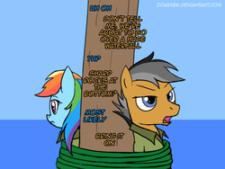 Size: 640x480 | Tagged: safe, artist:zoarvek, quibble pants, rainbow dash, g4, stranger than fan fiction, newbie artist training grounds, rainbond dash, the emperor's new groove, tied up, water