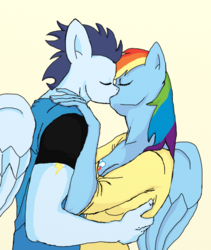 Size: 1232x1460 | Tagged: safe, artist:eulicious, rainbow dash, soarin', anthro, g4, clothes, cutie mark, eyes closed, female, kissing, male, ship:soarindash, shipping, simple background, straight