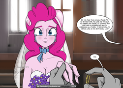 Size: 2100x1500 | Tagged: safe, artist:burning-heart-brony, pinkie pie, oc, oc:anon, equestria girls, g4, breasts, church, cleavage, clothes, crying, cute, dress, female, first person view, looking at you, male, male pov, marriage, offscreen character, pov, ring, shipping, tears of joy, wedding, wedding dress