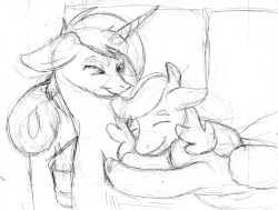 Size: 960x726 | Tagged: safe, artist:michael thompson, oc, oc only, oc:mana sketch, oc:sugar lock, pegasus, pony, unicorn, bronycan, couch, cuddling, duo, female, gif, male, monochrome, non-animated gif, sketch, snuggling, traditional art