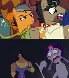 Size: 617x700 | Tagged: safe, screencap, doctor caballeron, quibble pants, rogue (g4), earth pony, pony, g4, stranger than fan fiction, comparison, disney, kronk, male, stallion, the emperor's new groove, yzma
