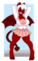 Size: 1000x1600 | Tagged: safe, artist:kloudmutt, oc, oc only, oc:chilly pepper, anthro, unguligrade anthro, anthro oc, big breasts, breasts, clothes, female, grin, horns, legs, pleated skirt, school uniform, schoolgirl, skirt, smiling, solo