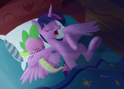 Size: 1860x1338 | Tagged: safe, artist:jaeneth, spike, twilight sparkle, alicorn, pony, g4, bed, blanket, cute, golden oaks library, majestic as fuck, open mouth, sleeping, snoring, twilight sparkle (alicorn)