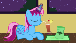 Size: 11200x6400 | Tagged: safe, artist:parclytaxel, oc, oc only, oc:parcly taxel, alicorn, pony, albumin flask, .svg available, absurd resolution, alicorn oc, bendy straw, cherry, cocktail, eyes closed, food, herbivore, horn, horn ring, levitation, long bar, magic, night, peanut, pineapple, prone, raffles hotel, sack, singapore, singapore sling, sipping, solo, stars, straw, telekinesis, vector