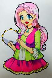 Size: 645x960 | Tagged: artist needed, safe, fluttershy, equestria girls, friendship through the ages, g4, my little pony equestria girls: rainbow rocks, anime, braided ponytail, clothes, folk fluttershy, musical instrument, skirt, solo, tambourine, traditional art