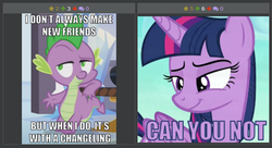 Size: 648x352 | Tagged: safe, spike, twilight sparkle, alicorn, pony, derpibooru, g4, the times they are a changeling, implied thorax, juxtaposition, juxtaposition win, meme, meta, twilight sparkle (alicorn)