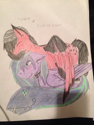 Size: 1024x1365 | Tagged: safe, artist:princessscarredheart, oc, oc only, alicorn, pony, alicorn oc, couple, love, tailmouth, traditional art