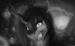 Size: 1300x800 | Tagged: safe, artist:silentwulv, queen chrysalis, changeling, changeling queen, g4, changeling hive, drool, female, grayscale, monochrome, wip