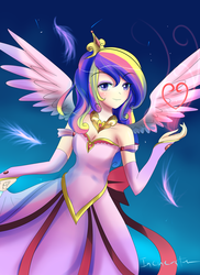 Size: 800x1098 | Tagged: safe, artist:incinerater, princess cadance, human, g4, clothes, dress, female, heart, humanized, solo, winged humanization