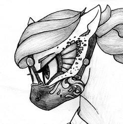 Size: 600x604 | Tagged: safe, artist:mati0la, oc, oc only, earth pony, pony, mask, monochrome, scales, solo, traditional art