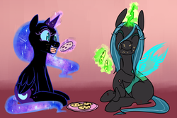 Size: 1000x666 | Tagged: safe, artist:ryuredwings, nightmare moon, queen chrysalis, alicorn, changeling, changeling queen, pony, g4, cookie, crumbs, eyes closed, female, filly, filly queen chrysalis, food, magic, newbie artist training grounds, nightmare woon, sitting, telekinesis