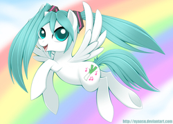 Size: 1000x714 | Tagged: safe, artist:nyaasu, pegasus, pony, flying, happy, hatsune miku, hilarious in hindsight, ponified, rainbow, solo, underhoof, vocaloid