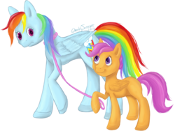 Size: 1874x1409 | Tagged: safe, artist:ghostlyscissors, rainbow dash, scootaloo, pegasus, pony, g4, collar, female, filly, leash, mare, pet play, simple background, white background