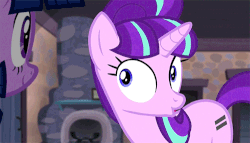 Size: 500x285 | Tagged: safe, starlight glimmer, twilight sparkle, alicorn, pony, g4, the cutie map, animated, duo, female, gif, nose wrinkle, reversed, twilight sparkle (alicorn), wide eyes