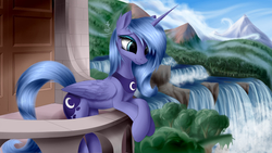 Size: 2560x1440 | Tagged: safe, artist:aurelleah, princess luna, alicorn, pony, g4, :3, balcony, chest fluff, cute, ear fluff, female, forest, happy, looking away, lunabetes, mare, river, s1 luna, scenery, sky, smiling, solo, water, waterfall