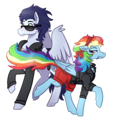 Size: 1561x1677 | Tagged: safe, artist:monnarcha, rainbow dash, soarin', pony, g4, 30 day otp challenge, blushing, clothes, female, male, punk, seduction, ship:soarindash, shipping, simple background, straight, sunglasses, tail seduce, transparent background