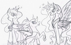 Size: 2255x1454 | Tagged: safe, artist:rossmaniteanzu, princess celestia, princess luna, thorax, alicorn, changeling, pony, g4, the times they are a changeling, ethereal mane, female, grayscale, male, mare, monochrome, pencil drawing, sketch, starry mane, traditional art, trio