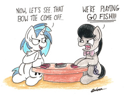 Size: 1989x1520 | Tagged: safe, artist:bobthedalek, dj pon-3, octavia melody, vinyl scratch, earth pony, pony, unicorn, g4, angry, bow, bowtie, card game, dialogue, duo, female, looking at each other, mare, open mouth, playing card, sexy, strip poker, table, traditional art, we don't normally wear clothes