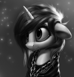Size: 4187x4349 | Tagged: safe, artist:sceathlet, princess celestia, alicorn, pony, absurd resolution, alternate hairstyle, bust, chains, clothes, cute, cutelestia, featured image, female, floppy ears, grayscale, mare, monochrome, punklestia, realistic, shirt, short hair, sitting, smiling, solo