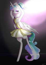 Size: 2100x3000 | Tagged: safe, artist:clefficia, princess celestia, pony, g4, ballerina, ballora, bipedal, clothes, crossover, dress, eyes closed, female, five nights at freddy's, high res, solo