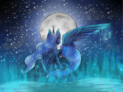 Size: 1601x1200 | Tagged: safe, artist:smallspark, princess luna, g4, female, moon, night, solo, spread wings, stars, water