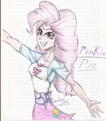 Size: 1024x1171 | Tagged: safe, artist:x-force02ranger, pinkie pie, equestria girls, g4, breasts, female, grin, lined paper, smiling, solo, traditional art, watermark