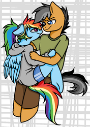 Size: 598x846 | Tagged: safe, artist:moonabelle, quibble pants, rainbow dash, anthro, unguligrade anthro, g4, alternate hairstyle, clothes, female, hoodie, hug, male, ponytail, ship:quibbledash, shipping, shirt, shorts, straight, younger