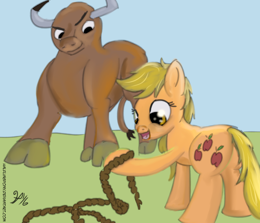 #1232029 - safe, artist:halflingpony, applejack, bull, pony, g4, duo ...