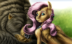 Size: 1350x825 | Tagged: safe, artist:mindmendereoin, fluttershy, harry, bear, pony, g4, duo, semi-realistic, uncanny valley