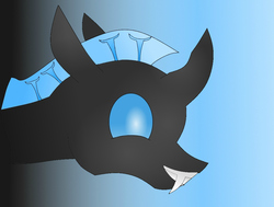 Size: 1066x806 | Tagged: safe, artist:psychicpie, oc, oc only, oc:steel crescent, changeling, blue changeling, fangs, gradient background, grin, happy, horn, smiling, solo