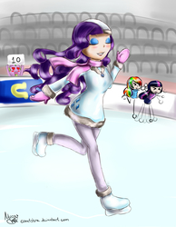 Size: 1710x2200 | Tagged: safe, artist:cometshina, rainbow dash, rarity, spike, twilight sparkle, g4, humanized, ice rink, ice skates, ice skating