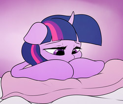 Size: 2000x1700 | Tagged: safe, artist:elzzombie, twilight sparkle, g4, female, frown, gradient background, looking down, pillow, sad, solo, vent art