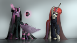 Size: 4000x2250 | Tagged: safe, artist:gentleshy, moondancer, twilight sparkle, alicorn, pony, unicorn, g4, clothes, duo, ear piercing, earring, jewelry, magic, piercing, shirt, socks, striped socks, sweater, telekinesis, twilight sparkle (alicorn)