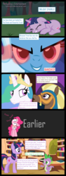 Size: 1500x4000 | Tagged: safe, artist:lightningtumble, haakim, pinkie pie, princess celestia, spike, trixie, twilight sparkle, pony, saddle arabian, unicorn, g4, magic duel, banishment, comic, faris, female, mare, pinkie clock, trollestia, vector, vector comic