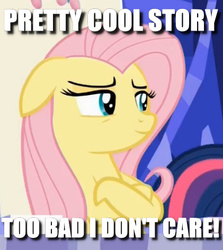 Size: 421x473 | Tagged: safe, edit, edited screencap, screencap, fluttershy, 28 pranks later, g4, crossed arms, image macro, meme, no fucks, smug