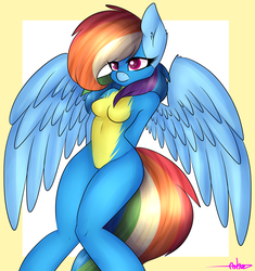 Size: 2866x3053 | Tagged: safe, artist:ashee, rainbow dash, anthro, g4, bodysuit, clothes, female, high res, skintight clothes, solo, wonderbolts uniform