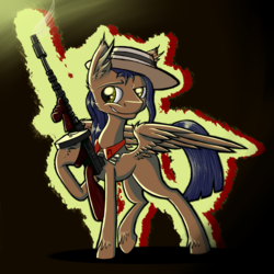 Size: 4000x4000 | Tagged: safe, artist:steel-breeze, oc, oc only, oc:arny nilson, pegasus, pony, absurd resolution, hat, solo, tommy gun