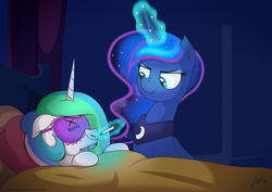 Size: 1280x905 | Tagged: safe, artist:wonkysole, princess celestia, princess luna, alicorn, pony, g4, face doodle, magic, sibling teasing, sleep mask, sleeping, telekinesis, this will end in tears and/or a journey to the moon, top sun, trolluna