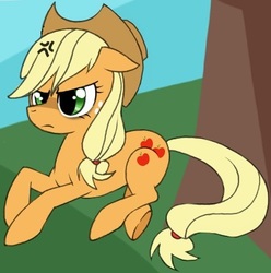 Size: 404x408 | Tagged: safe, artist:musapan, edit, applejack, g4, angry, applejack is not amused, cropped, female, solo