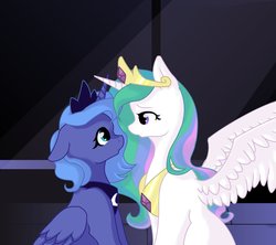 Size: 1024x910 | Tagged: safe, artist:katfromtheotherside, princess celestia, princess luna, g4, floppy ears, horn, horns are touching, looking at each other, s1 luna, sitting, spread wings