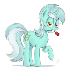 Size: 1529x1404 | Tagged: safe, artist:manual-monaro, lyra heartstrings, g4, bedroom eyes, female, flower, flower in mouth, grin, lidded eyes, looking at you, mouth hold, raised hoof, rose, simple background, smiling, solo, standing