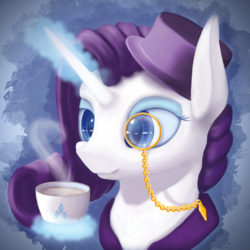 Size: 1024x1024 | Tagged: safe, artist:crystallinepone, rarity, g4, bust, female, food, hat, magic, monocle, portrait, solo, tea, teacup, telekinesis